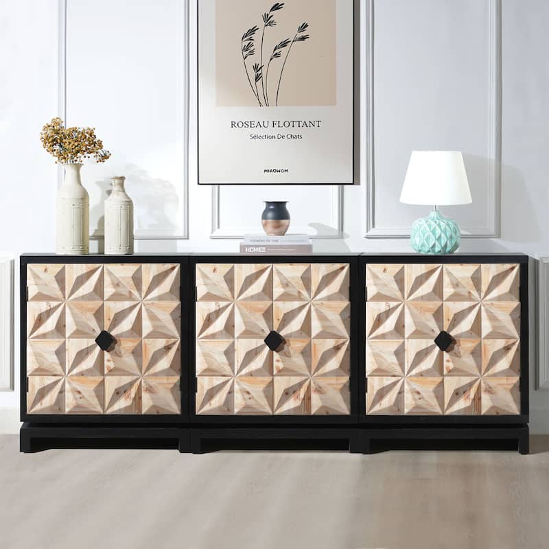 Roomfitters 3D Geometric Carved Double-Door Cabinet, Modern Black and Natural Wood Storage Sideboard