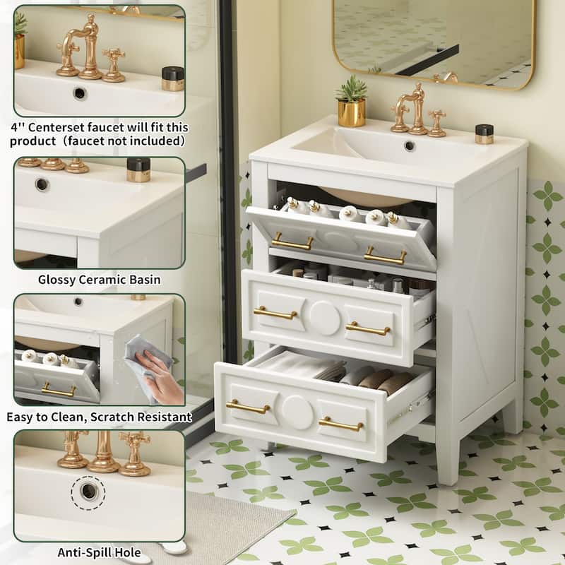 Roomfitters 24 Inch Bathroom Vanity with Ceramic Sink Combo, Free Standing Solid Wood Frame Cabinet with 3 Sliding Tiers