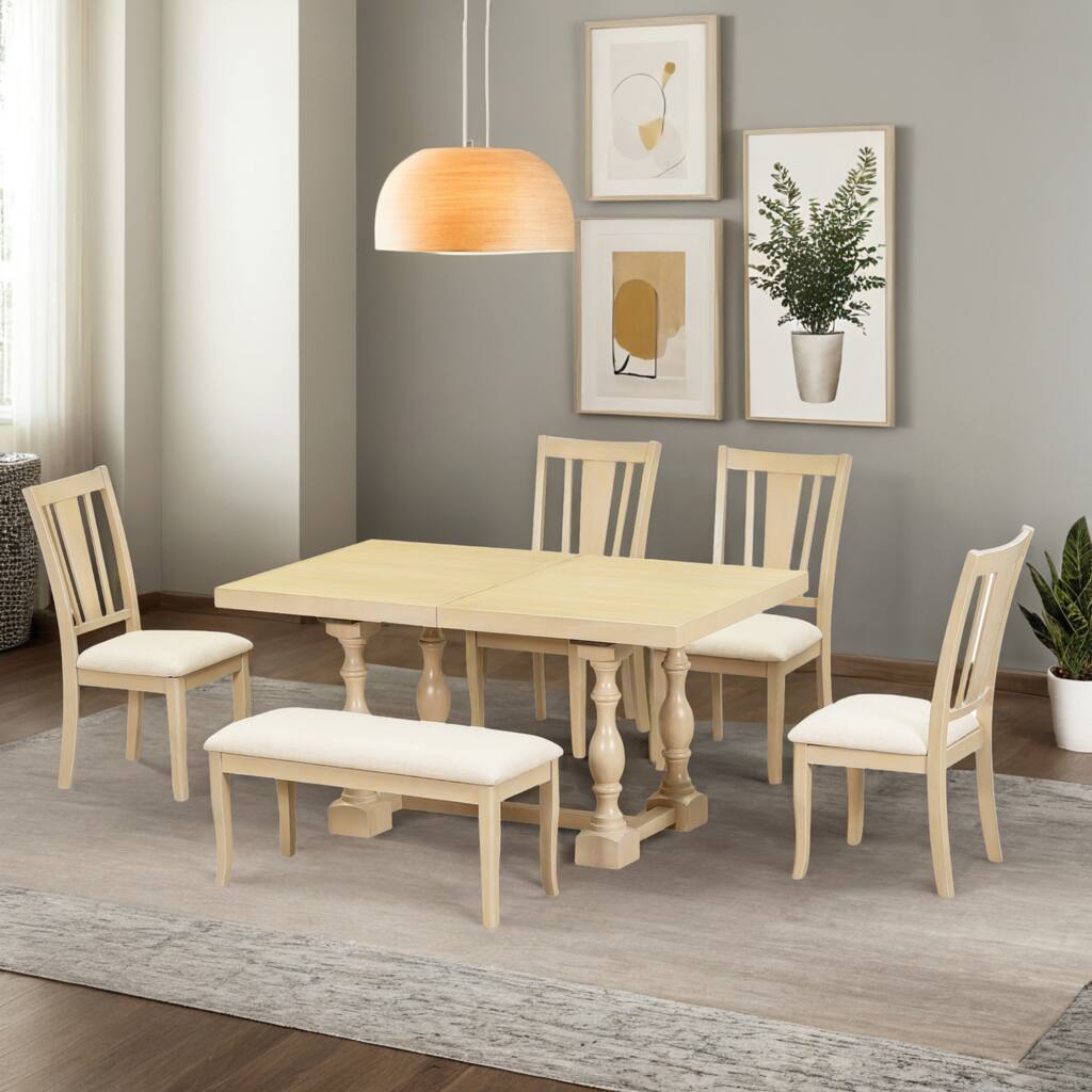 6-Piece 78inch Trestle Extendable Dining Table Set with One 18inch Removable Leaf, Padded Dining Chairs and Bench