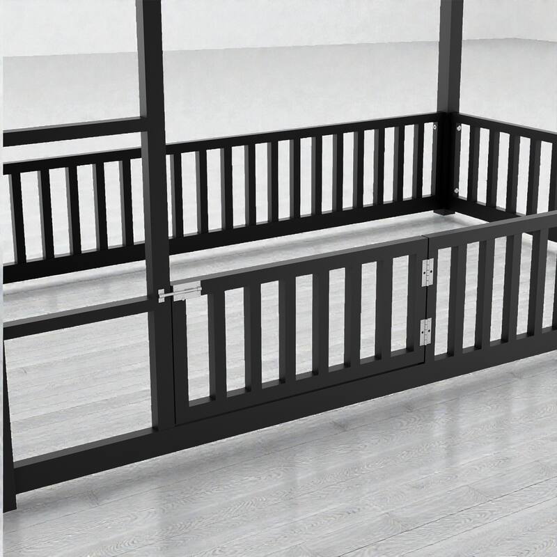 Metal Twin over Twin House Bunk Bed with Fence Guardrails and Door, Kids Playhouse Bunk Bed Frame, No Box Spring Needed