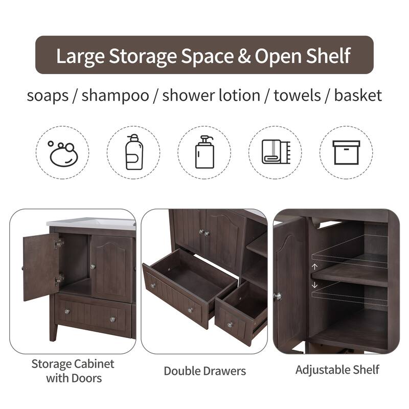 36" Bathroom Vanity Base Only, Solid Wood Frame and MDF Boards for Kitchen, Living Room or Entryway