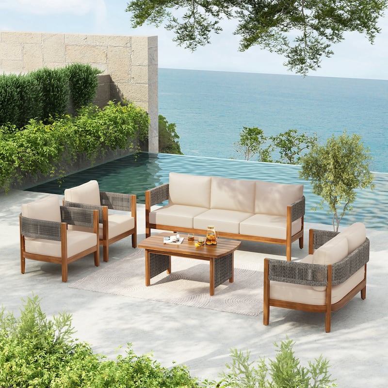 Christopher Knight Home - Calderwood Acacia Wood 5-Piece Outdoor Chat Set - Teak Finish + Grey Rope + Beige Cushion