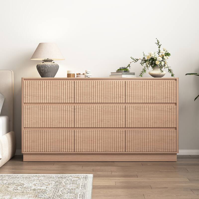 Large Floor Chest of Drawers 9 Drawer Dresser for Bedroom, Freestanding Storage Cabinet Side Table TV Stand - Natural