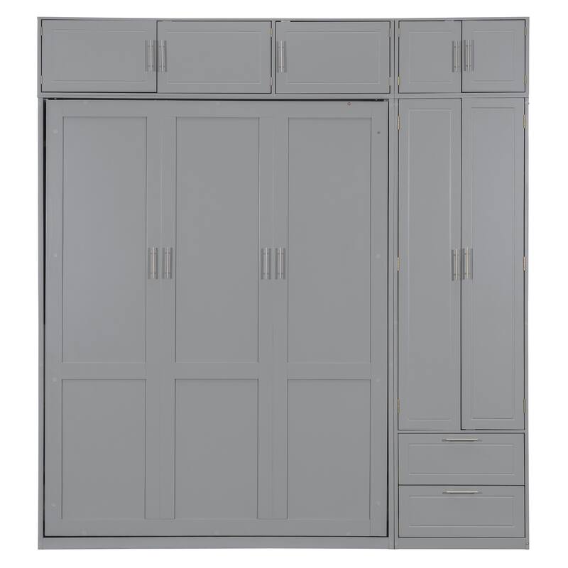 Queen Size Wall Murphy Bed, Space Saving Wooden Foldable Bed Frame with Closet, Drawers, Top Cabinet and Storage Shelves