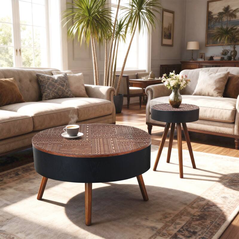 GDFStudio Veyrion Carved Round Coffee Table with Storage and Mid-Century Modern Design