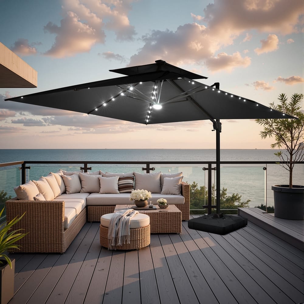 11FT Outdoor Patio Cantilever Umbrella with LED Lights Double Vented Umbrella with Base