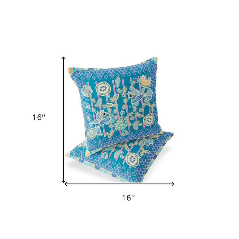 HomeRoots Set of Two 16" X 16" Blue and Green Peacock Blown Seam Floral Indoor Outdoor Throw Pillow - 16.00' X '16.00' X '5.00