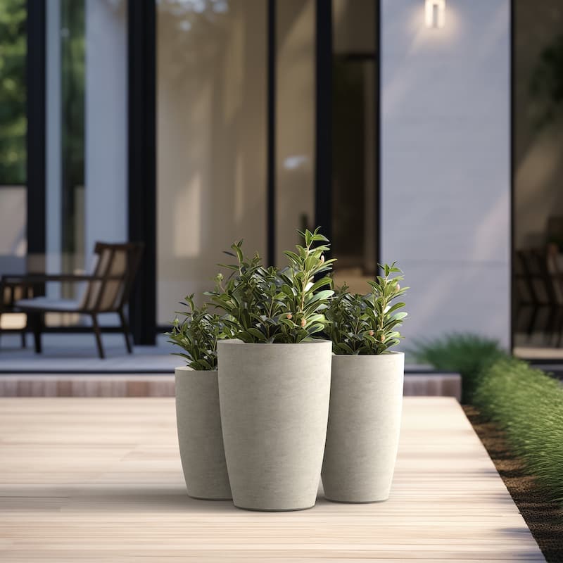 Tall Concrete Round Plant Pots / Large Indoor and Outdoor flower Planters - 3 Piece Set (14, 17, 20 Inch Diameter) - Pale Yellow