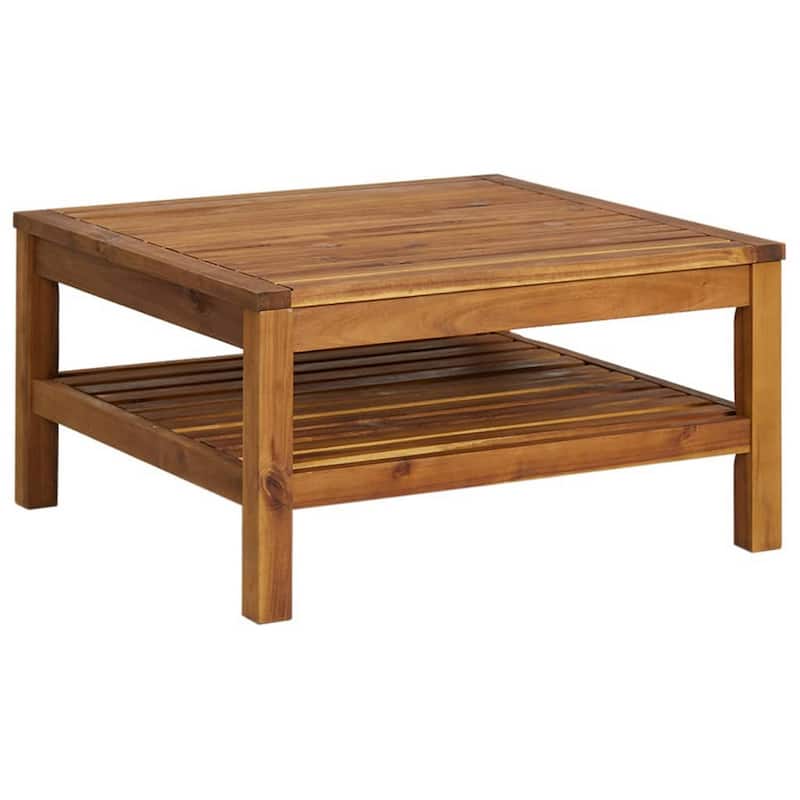 2pc Outdoor Patio Sofa and Table Set, Ivory Cushion, Brown Acacia Wood