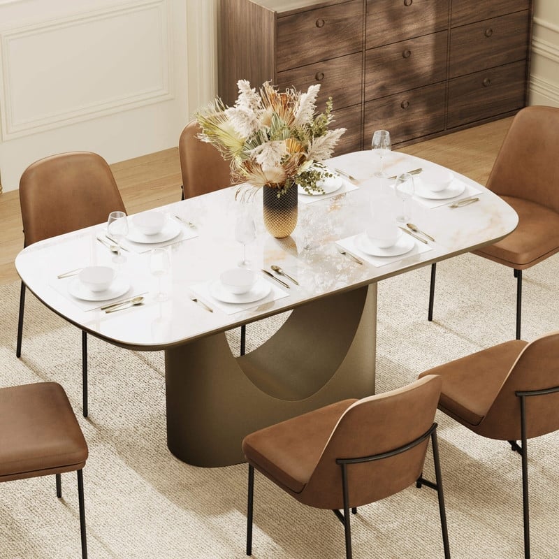 Spruce & Spring Modern Ceramic Top Dining Table with Sculptural Metal Base - White
