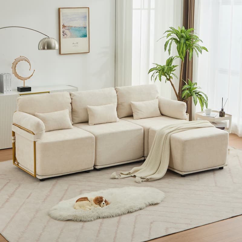 XINMICS Modular Sectional Sofa L Shaped Couch, 3 Seat Sofa Set with Ottoman, Chenille Fabric - Beige-4 Pieces