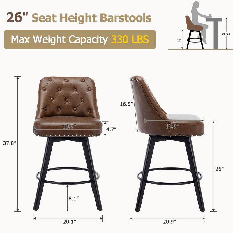 Bar Stools Set of 2, 26" Seat Height Barstools, Swivel Bar Chairs with Upholstered, Footrest, Backrest and Metal Legs