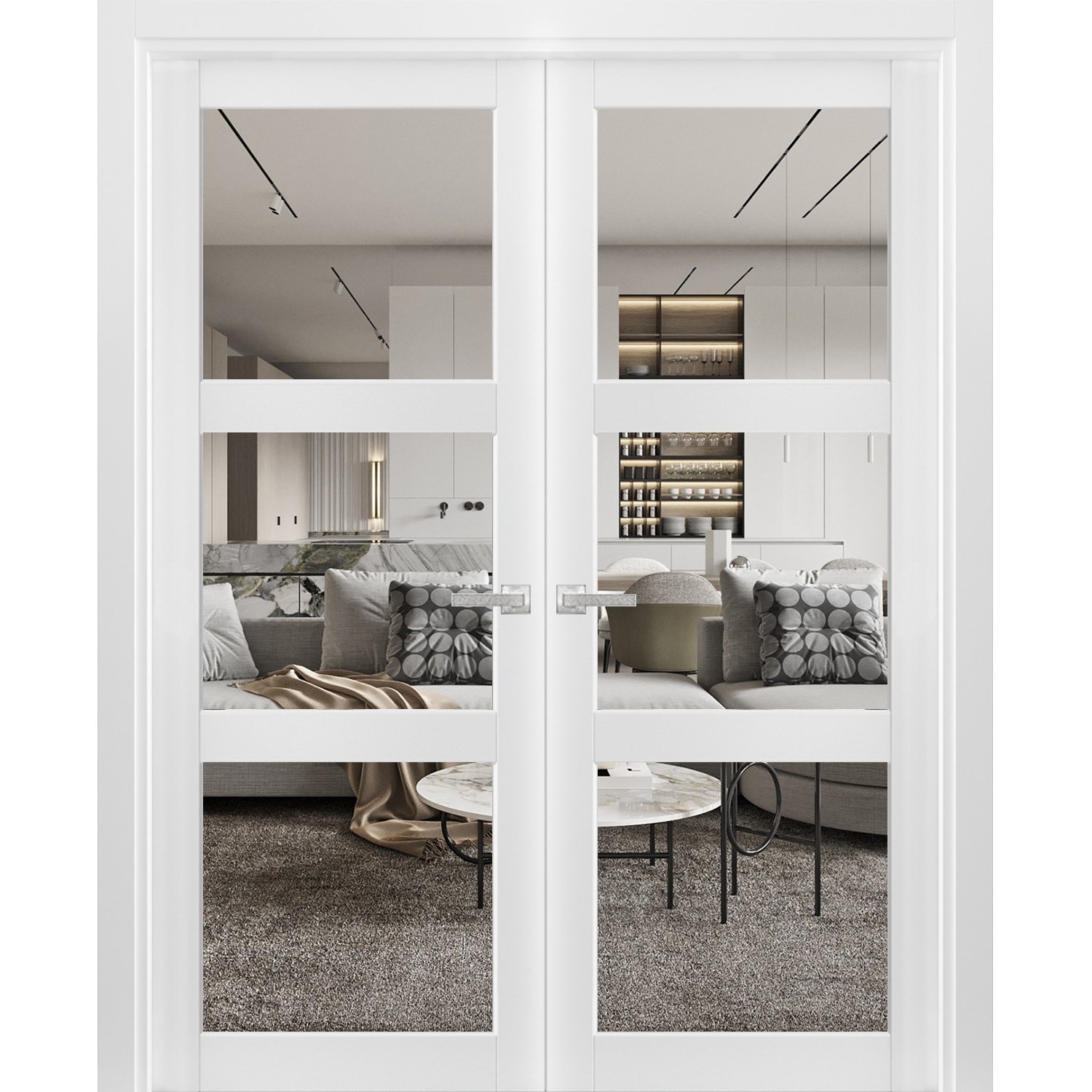 SOLRIG French Interior Double Door 64(32 x 2) x 80 - 5 Lites Tempered  Frosted Glass Pantry Door Panels, Closet & Bathroom Double Door Slab, White  Primed, MDF - Panel Need to