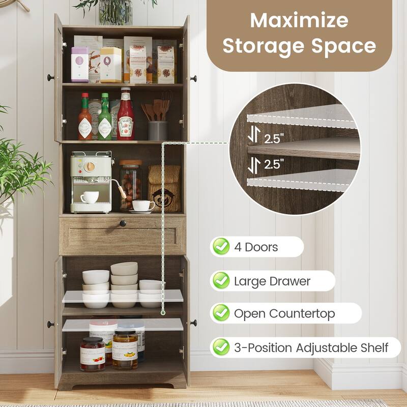 Gymax 67.5'' Kitchen Pantry Cabinet w/4 Doors 1 Drawer Open Countertop