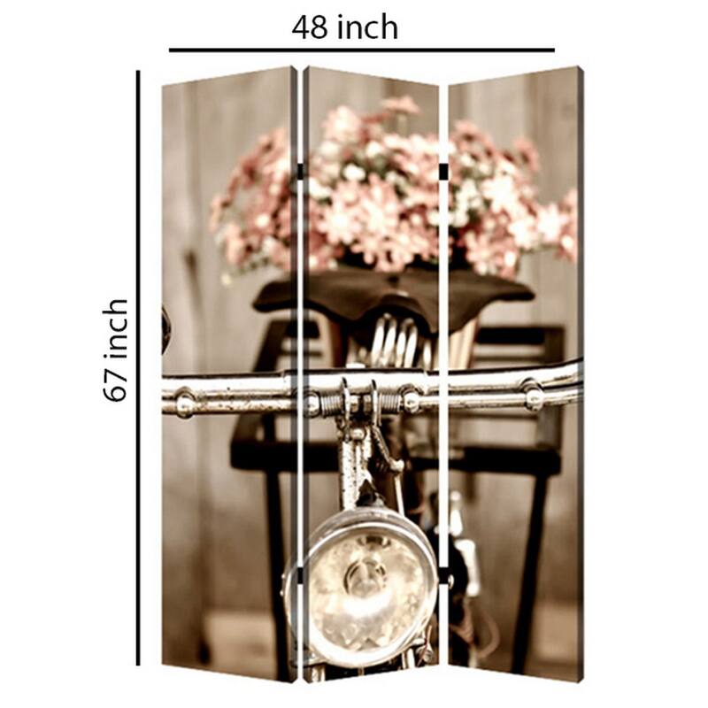 3 Panel Flowers and Cycle Print Foldable Room Divider, Pink and Brown