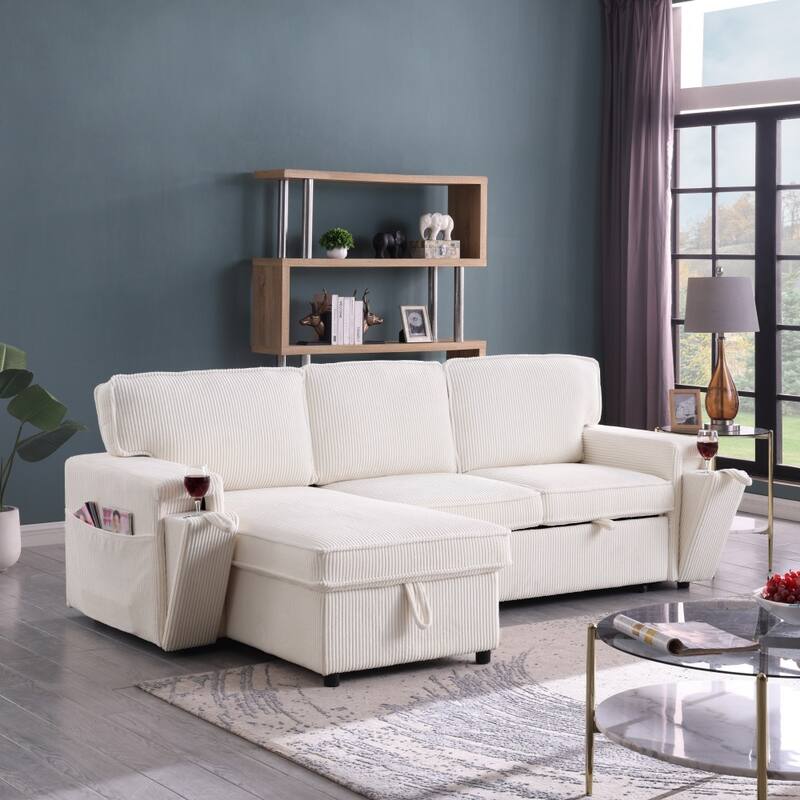 96" Victorian 3-Seat Upholstery Sleeper Sectional Sofa with Storage Space