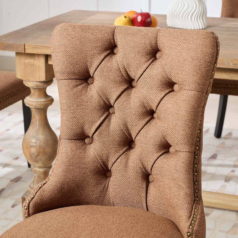 Set of 2 Linen Upholstered Dining Chair with Wood Legs, Nailhead Trim