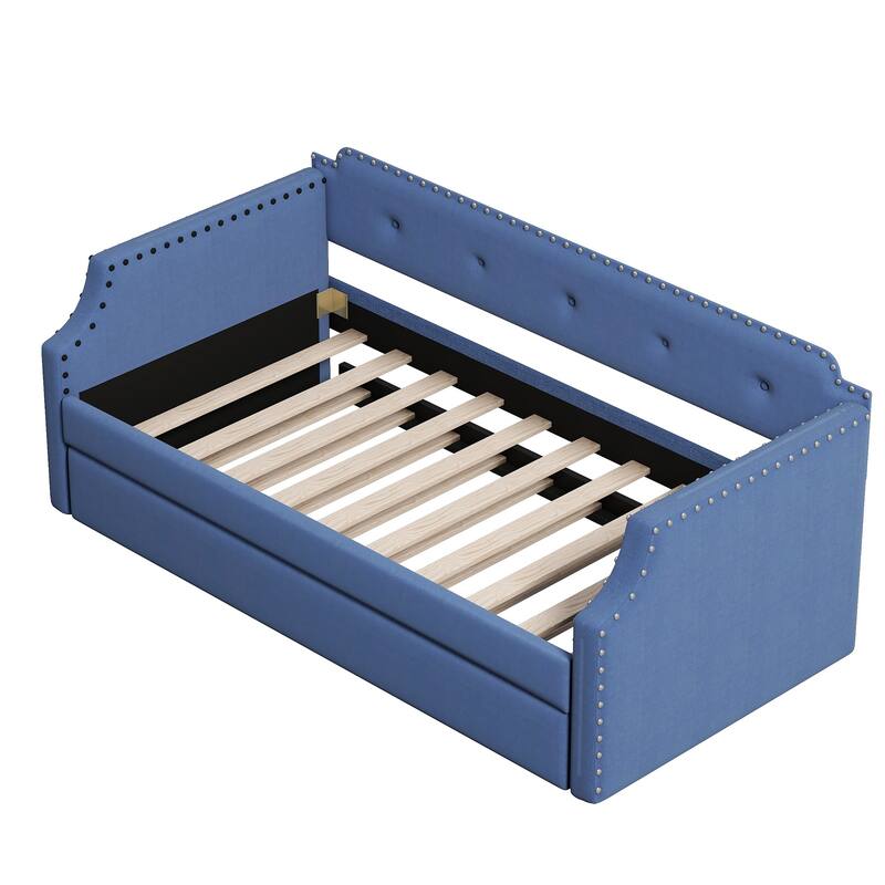 Blue Twin Upholstered Daybed with Trundle, Wood Slat Support, Sofa Bed