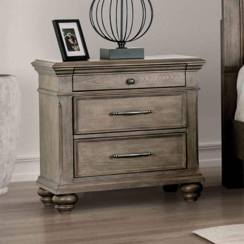 Transitional Nightstand - Aged Oak Finish with Round Knobs & Bun Feet