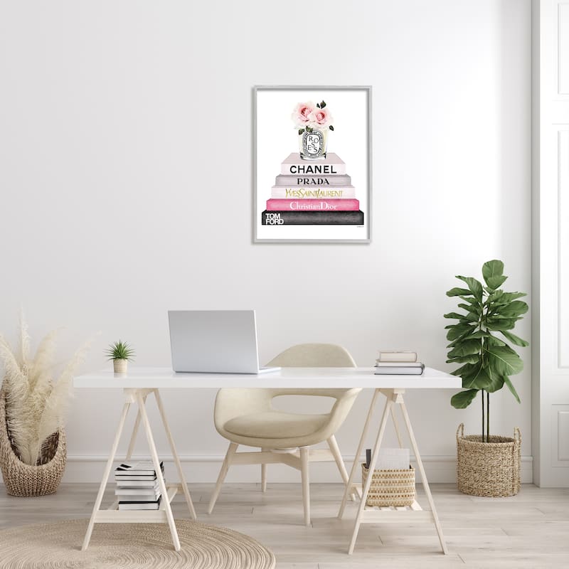 Stupell Book Stack Fashion Candle Pink Rose Framed Wall Art