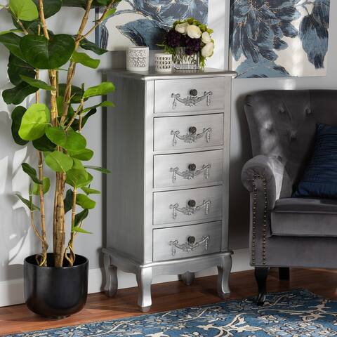 Callen Classic and Traditional Brushed Wood 5-Drawer Chest-Silver