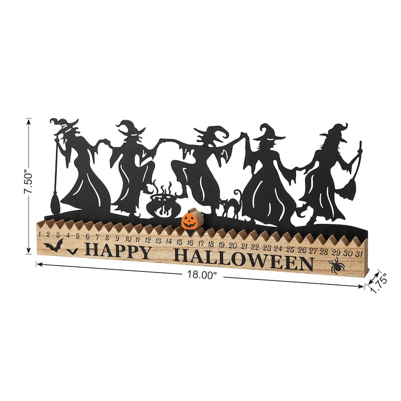 Glitzhome 18"L Happy Halloween Wooden Metal Dancing Witch or Ghost Countdown Calendar Table Decor