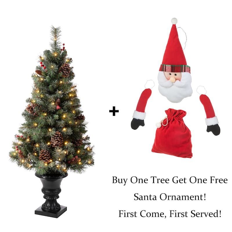 Glitzhome 4/5/6FT Pre-lit Artificial Flocked Pine Potted Christmas Tree for Entryway-Come with a Free Santa Ornament