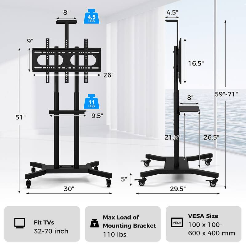 Gymax Mobile TV Stand for 32-70 inch Flat or Curved TVs up to 110 lbs