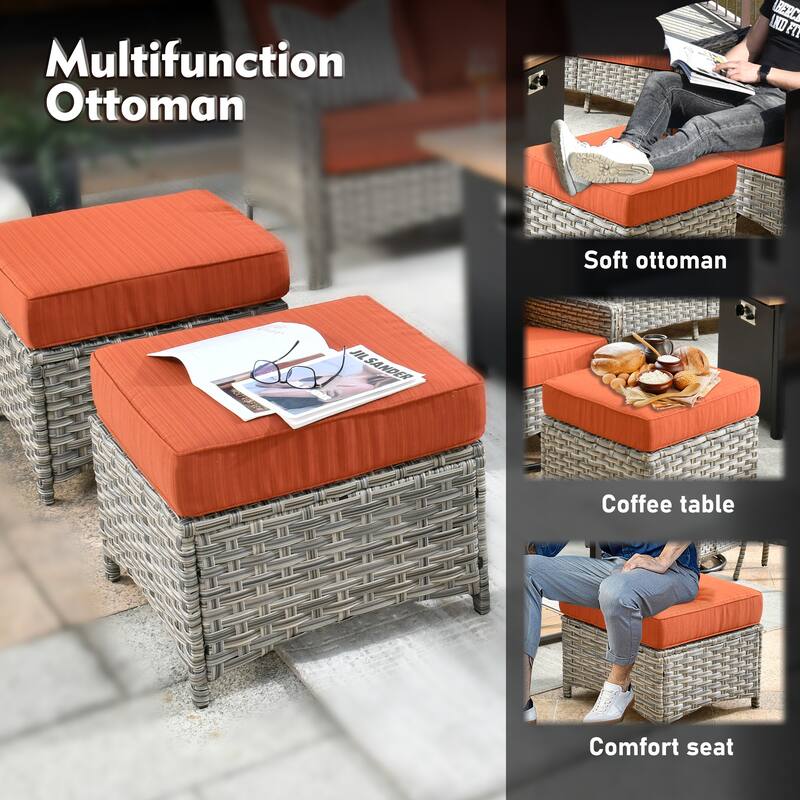 XIZZI Patio Wicker Ottoman with Cushion Outdoor Footrest