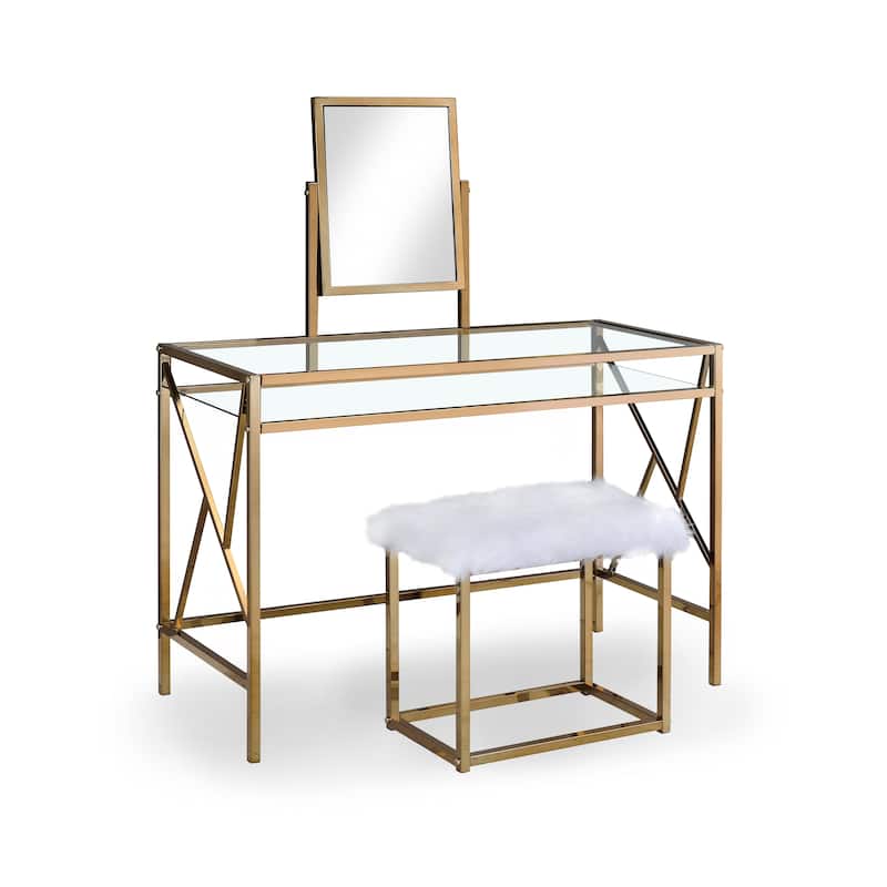 Furniture of America Davila Glam Metal 3-Piece Makeup Vanity Set with Mirror and Bench