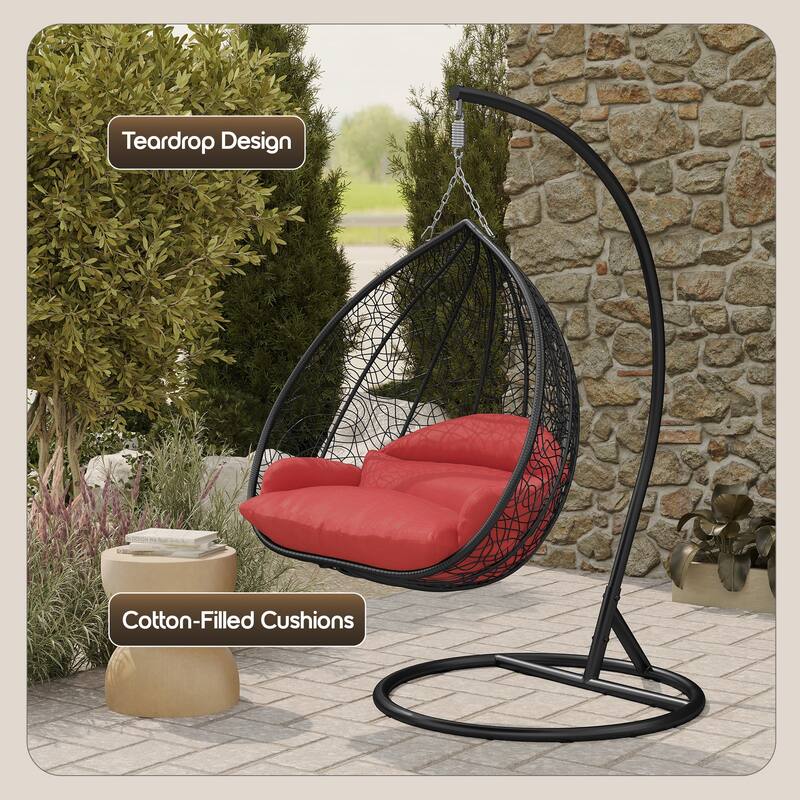 2-Person Outdoor Hanging Egg Chair with Teardrop Frame, Weather-Resistant Cotton Cushioned Seat for Patio and Indoor Use