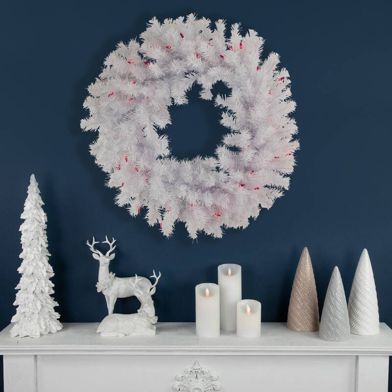 Geneva White Spruce Artificial Christmas Wreath, 24-Inch, Pink Lights