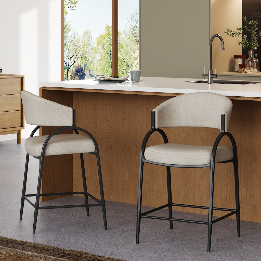 Christopher Knight Home - Upholstered Counter Height Bar Stool Set with Curved Backrest & Metal Frame, Set of 2 - 22.05"W