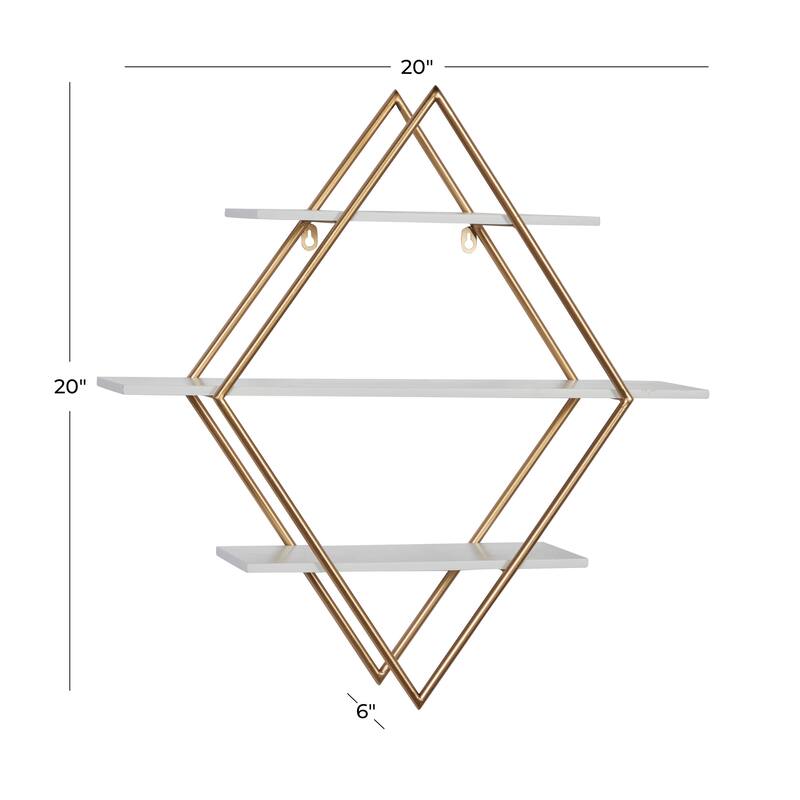 Wooden 3 Shelves Wall Shelf with Diamond Shape - Gold - Roche River Decor