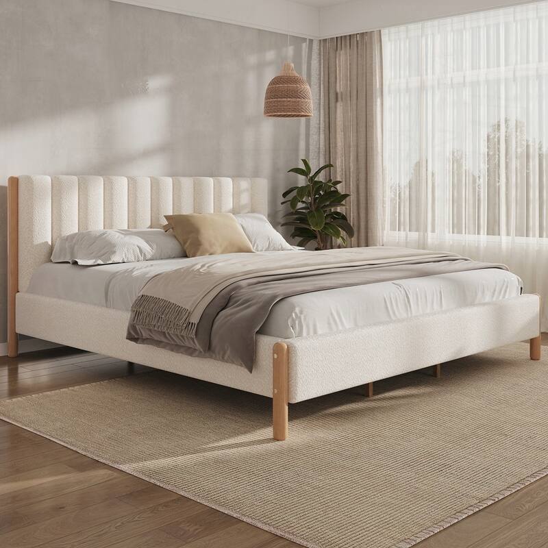 Bed Frame with Boucle Upholstered Thick Headboard and Solid Wooden Legs - White - King