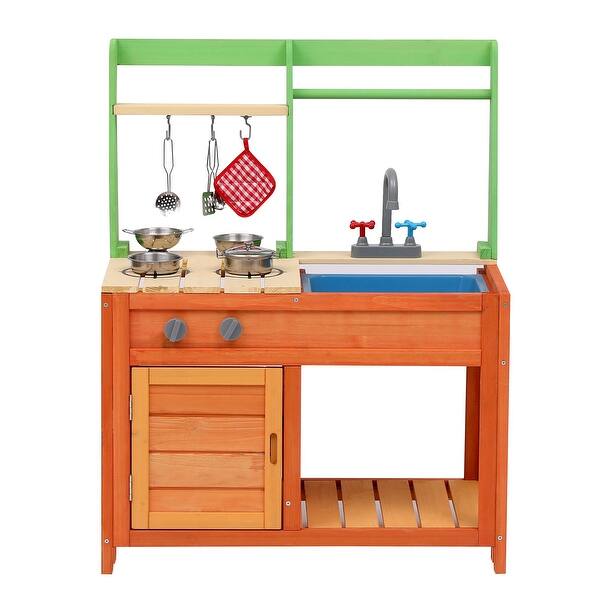 slide 2 of 7, Wooden Mud Kitchen for Kids, Outdoor Play Kitchen Playset with Cookware Accessories