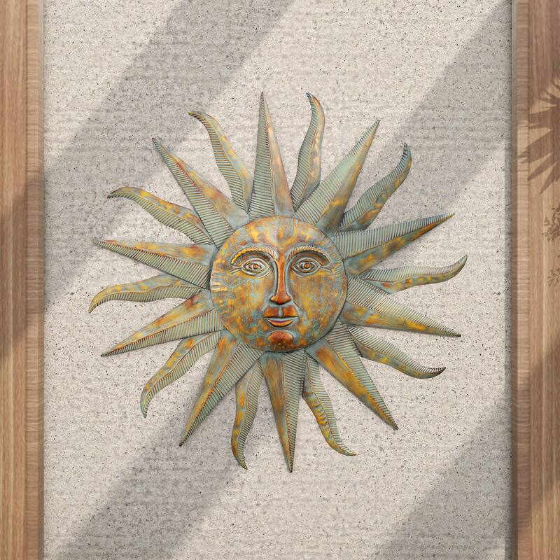 Gold Metal Indoor Outdoor Distressed Sun Home Wall Decor with Copper-Like Accents and Grooves