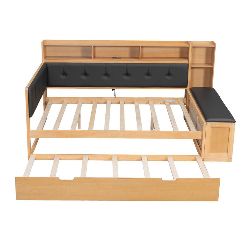 Roomfitters Full Wood Daybed with Trundle, Storage Shelves and Side Bench
