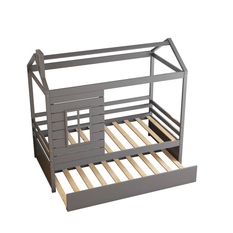 Twin Size Wood Kids Bed with Twin Size Trundle