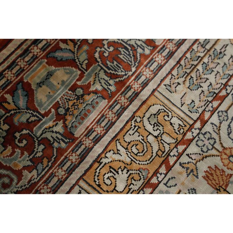 Hand Knotted Traditional Silk Beige Geometric Area Rug - 3' 1'' X 2' 0''