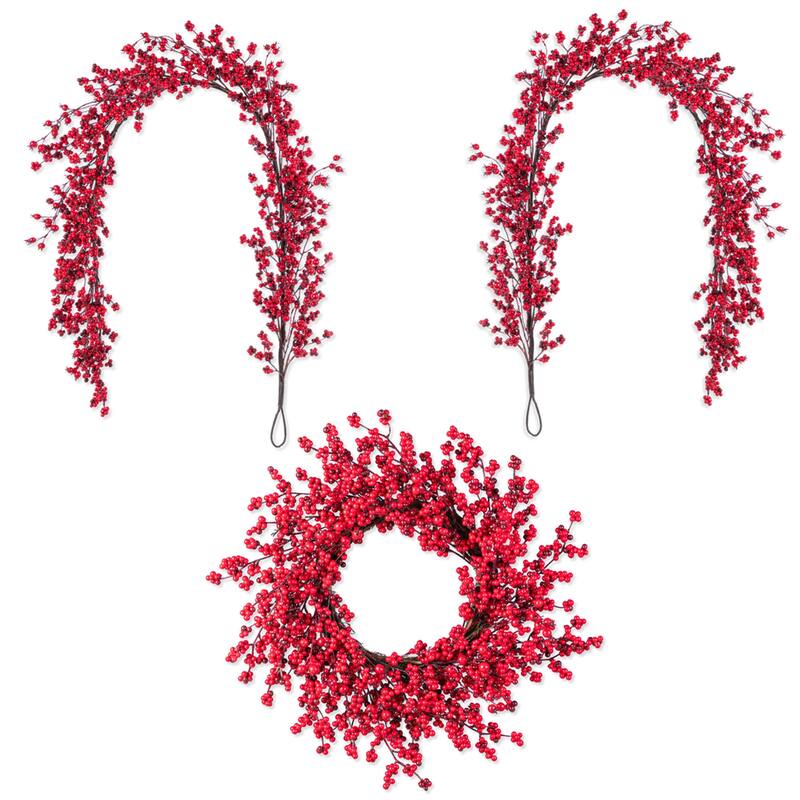 Glitzhome Christmas Red Berries 14"D/ 25"D Wreath & 6ft Garland - 6ft Garland *2 & 25"D Wreath