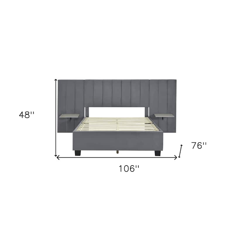 HomeRoots Dark Gray Tufted Velvet Upholstered Lighted Full Bed Frame