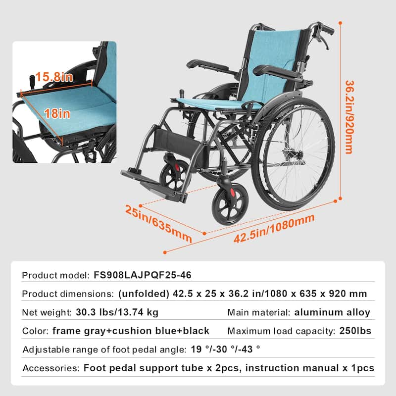 Wheelchair, Durable Aluminum Alloy Ultra-Lightweight Wheelchairs - 30lbs 22''