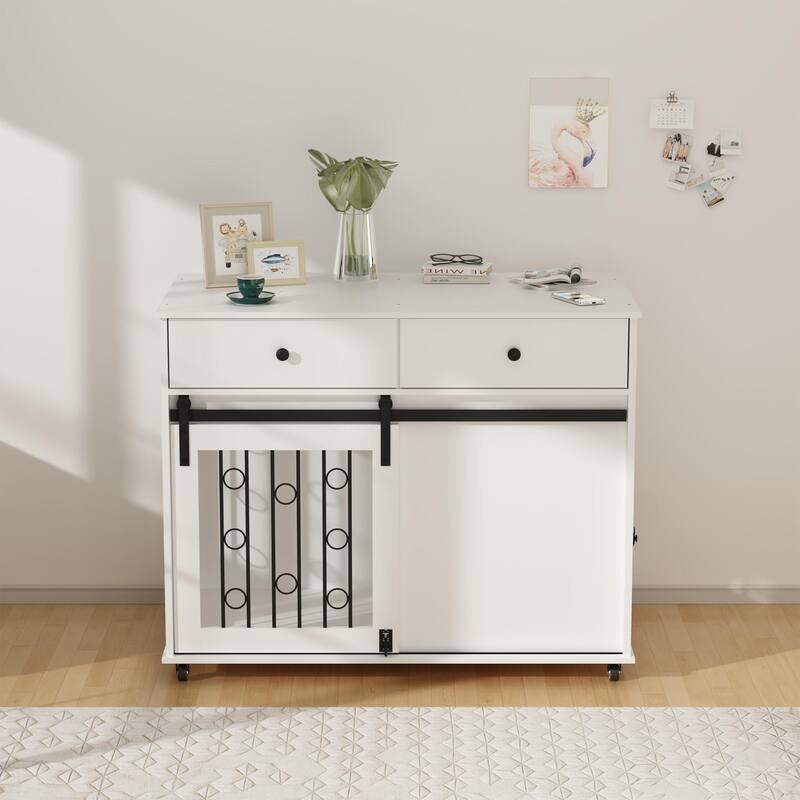 Wooden Dog Crate with Lockable Wheels, 2 Drawers & Sliding Barn Door, Decorative Pet Kennel End Table for Small to Medium Dogs
