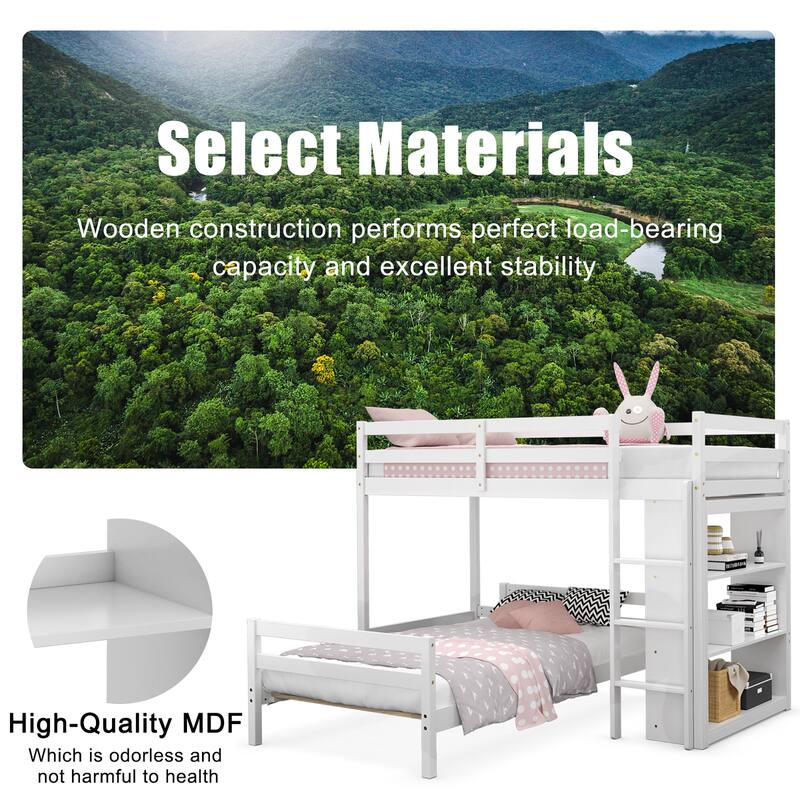 Costway Twin Over Twin Loft Bunk Bed Wood w/Bookcase Guardrail Ladder - 79.5'' x 44'' x 58.5''