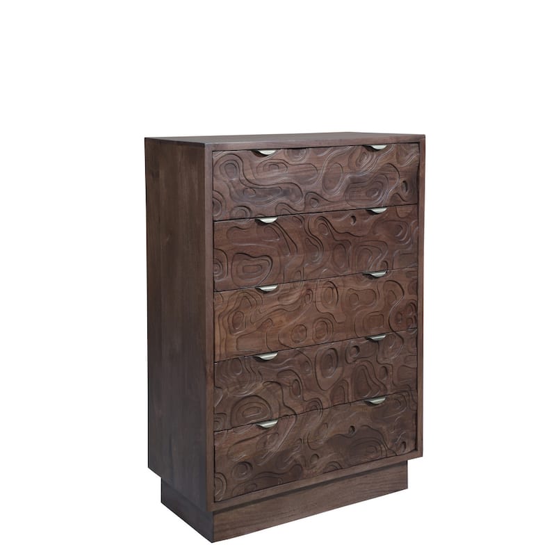 HomeRoots 35" Brown Carved Abstract Solid Wood Five Drawer Dresser