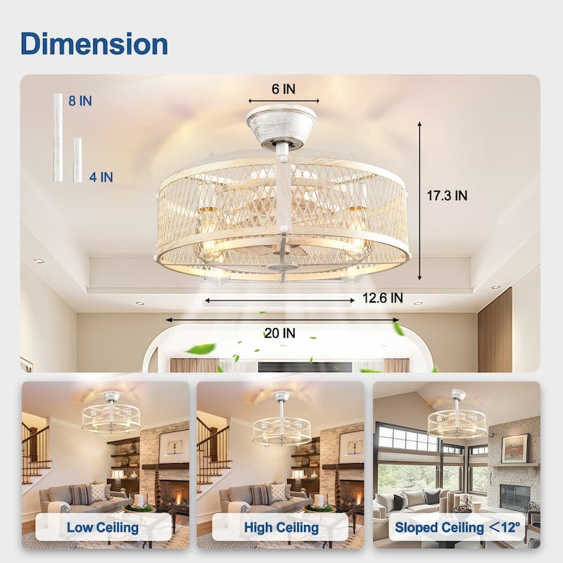 20-26" Caged outdoor Ceiling Fan with Light: Remote App Control-Farmhouse Fandelier Flush Mount Fixture Reversible 6 Speed Timer