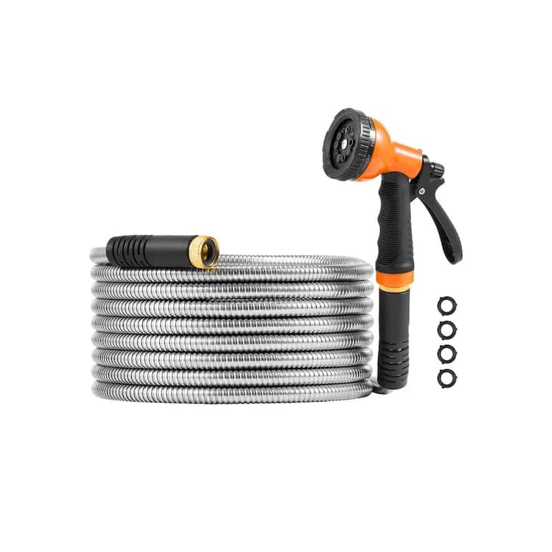 25ft Stainless Steel Hose for Garden and Car Wash Heavy-Duty Metal Hose with Adjustable Nozzle