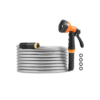 25ft Stainless Steel Hose for Garden and Car Wash Heavy-Duty Metal Hose with Adjustable Nozzle