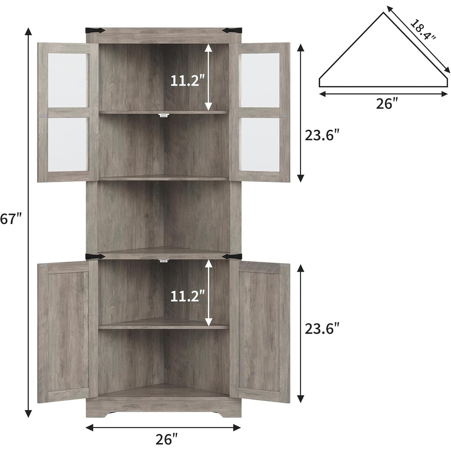 Washed Grey Tall Corner Cabinet with Glass Door